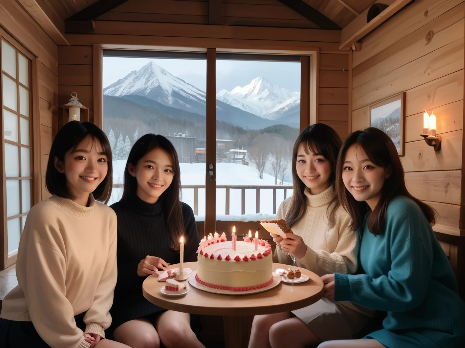 Five women holding a birthday cake in front of a mountain hut with a snowy landscape, three have long hair, two have short hair, smiling, candles are lit, wearing sweaters and flared skirts, photorealistic, photography, looking at camera, cute Japanese women,