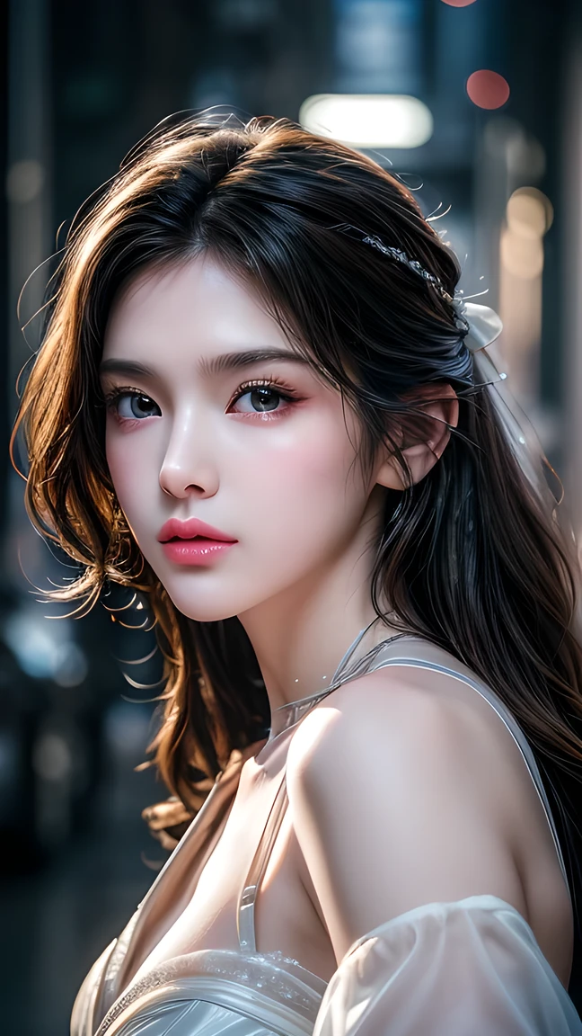 A photo of a 25 year old European girl posing, born, beautiful woman, ( extra long wavy brown hair ), ((portrait)), ((Familiar Face:1.2)), ((familiar facial features)), (finely familiar skin), White Skin, ( White Skirt ), Cyberpunk urban environment , ( cool colorist , wet, reflection masterpiece ) (Perfect proportions)( realistic picture )( top quality combat bed) (familiar) , HDR, ( 8,000) (wallpaper) (movie light) ( Dramatic Lighting ) ( sharp focus) (complex)、((( facial close-up ))),climax的表情,climax, White Clear Wedding Dress 。 full body photo
