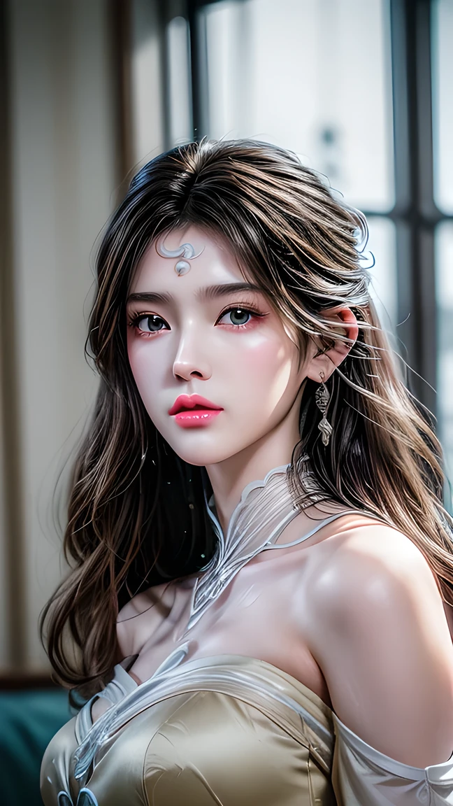 A photo of a 25 year old European girl posing, born, beautiful woman, ( extra long wavy brown hair ), ((portrait)), ((Familiar Face:1.2)), ((familiar facial features)), (finely familiar skin), White Skin, ( White Skirt ), Cyberpunk urban environment , ( cool colorist , wet, reflection masterpiece ) (Perfect proportions)( realistic picture )( top quality combat bed) (familiar) , HDR, ( 8,000) (wallpaper) (movie light) ( Dramatic Lighting ) ( sharp focus) (complex)、((( facial close-up ))),climax的表情,climax, See-through Wedding Dress 。 full body photo