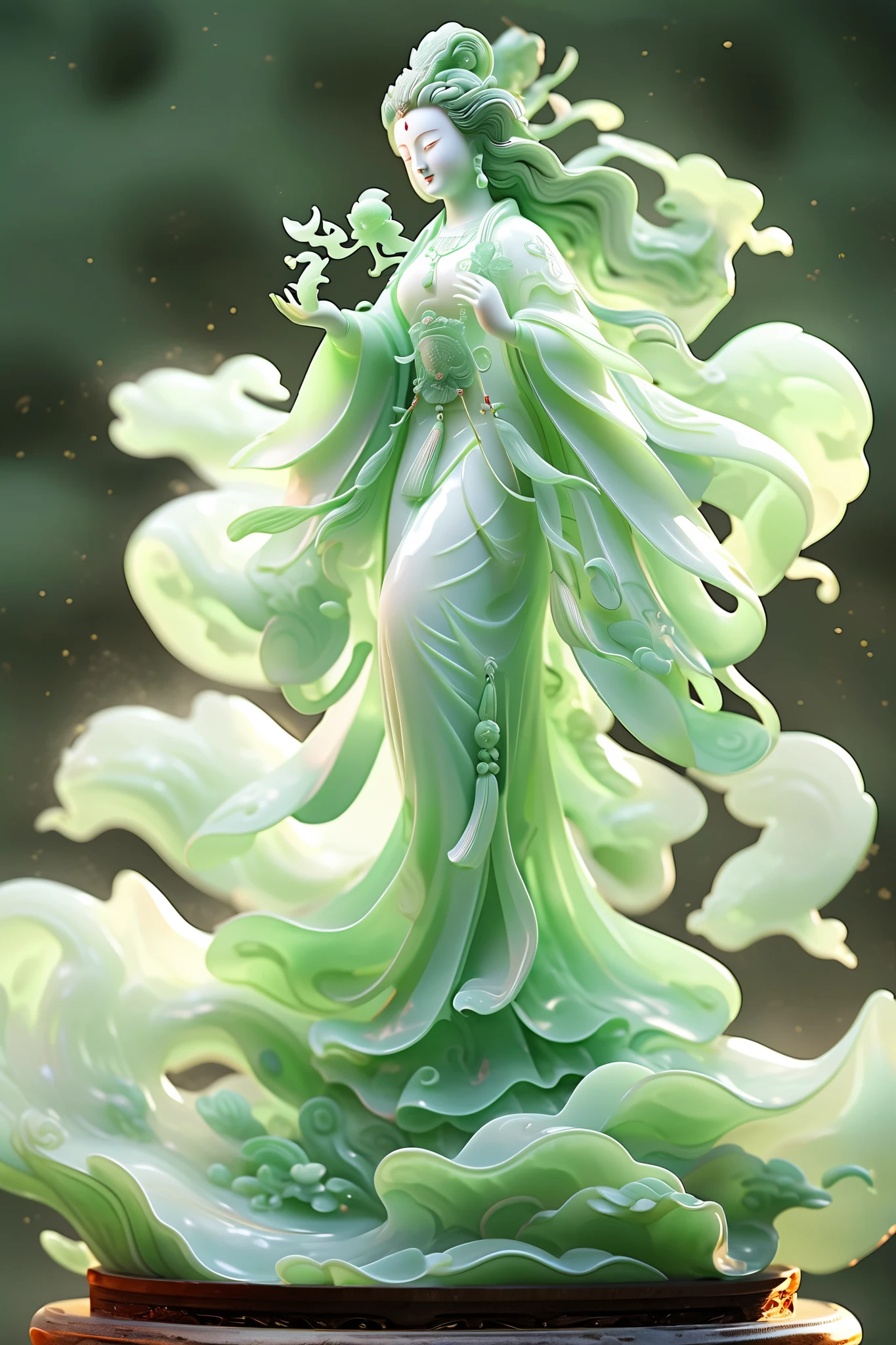 jade Sculptureï¼jade, realisticï¼ guan yin, hair ornament, full body short, pure white skin, cinematic light,