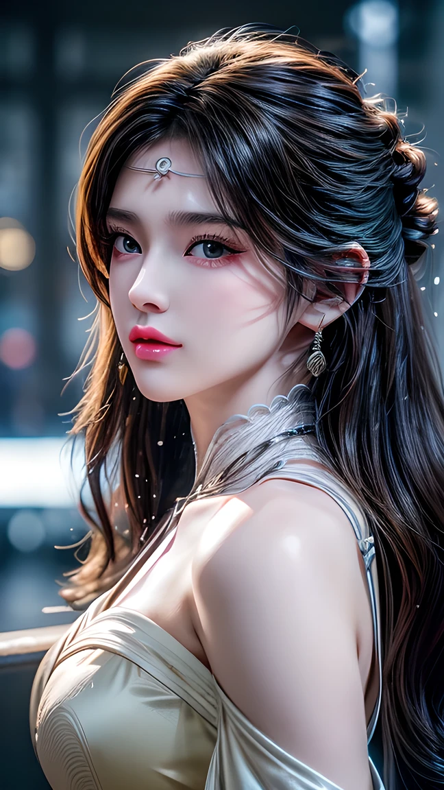 A photo of a 25 year old European girl posing, born, beautiful woman, ( extra long wavy brown hair ), ((portrait)), ((Familiar Face:1.2)), ((familiar facial features)), (finely familiar skin), White Skin, ( White Skirt ), Cyberpunk urban environment , ( cool colorist , wet, reflection masterpiece ) (Perfect proportions)( realistic picture )( top quality combat bed) (familiar) , HDR, ( 8,000) (wallpaper) (movie light) ( Dramatic Lighting ) ( sharp focus) (complex)、((( facial close-up ))),climax的表情,climax, See-through Wedding Dress 。 full body photo