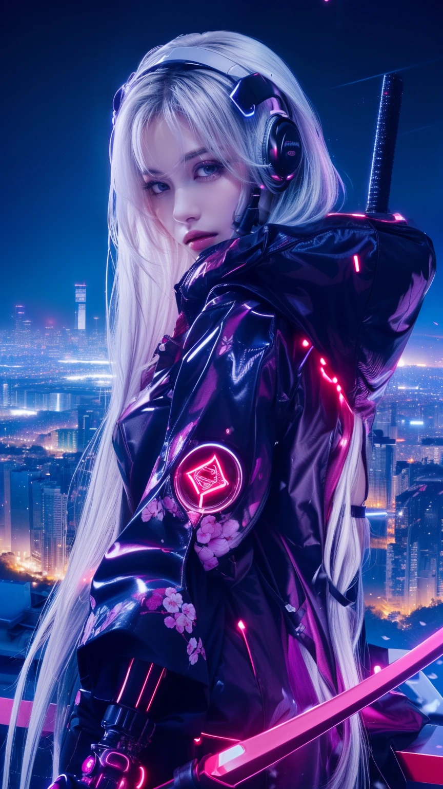 Young woman, futuristic cyberpunk assassin, standing on a rooftop overlooking a neon-lit cityscape at night, (8k, unprocessed photo, highest quality, masterpiece:1.3), (realistic, photorealistic:1.4), intense and piercing gaze with glowing red eyes, long silver-white hair flowing naturally with a slight shimmer (beautiful hair:1.2), stoic and focused facial expression, (perfect anatomy), cybernetic enhancements on face and body with glowing accents, (detailed skin texture), sleek black and purple cybernetic outfit with floral patterns (cherry blossoms), glossy and metallic texture on clothing, holding a katana with a glowing pink blade in a relaxed grip, right hand slightly raised, left hand resting near the hilt, dynamic pose with a slight forward lean, eyes directed slightly downward and to the side, exuding a mysterious and powerful aura, urban skyline with tall buildings, neon lights, and reflections, (complete body), (futuristic atmosphere), (hyper-detailed), (cinematic depth).

