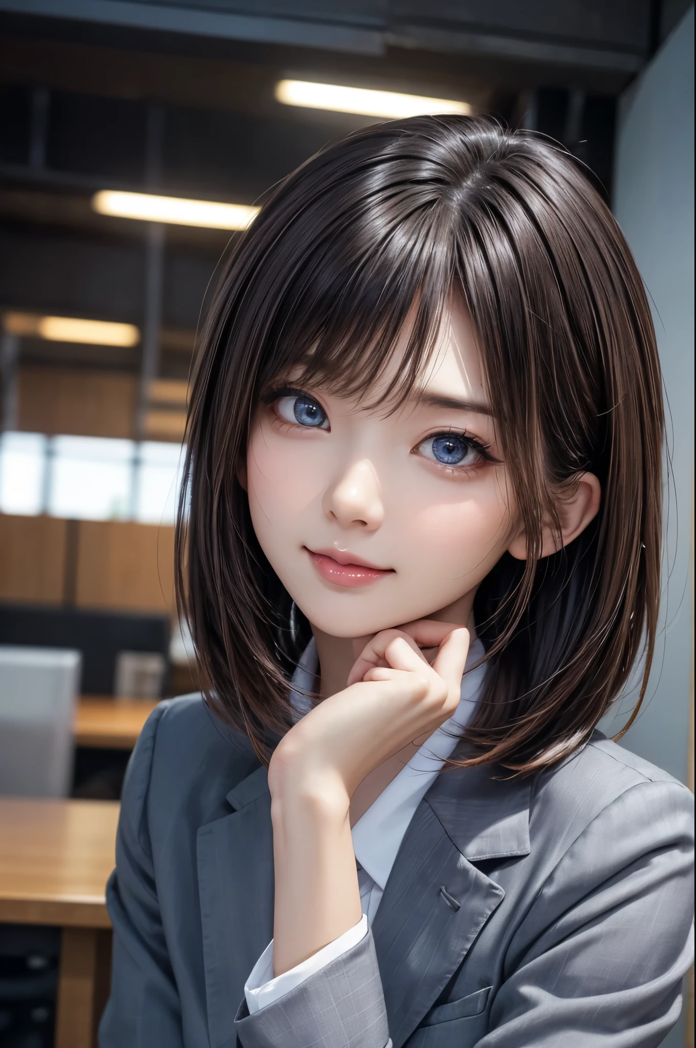 (masterpiece, highest quality:1.2), high resolution, ultra detailed, beautiful, RAW Photo, 4K, 8K, dynamic pose, between legs, cinematic lighting, 1girl, Pretty Japanese Idol, straight bob hair, (beautiful detailed eyes, perfect eyes:1.1), (beautiful detailed face:1.2), (kawaii, cute face, round face:1.3), natural makeup, beautiful glossy lips, beautiful , (Glowing Skin), wearing a business suit, office