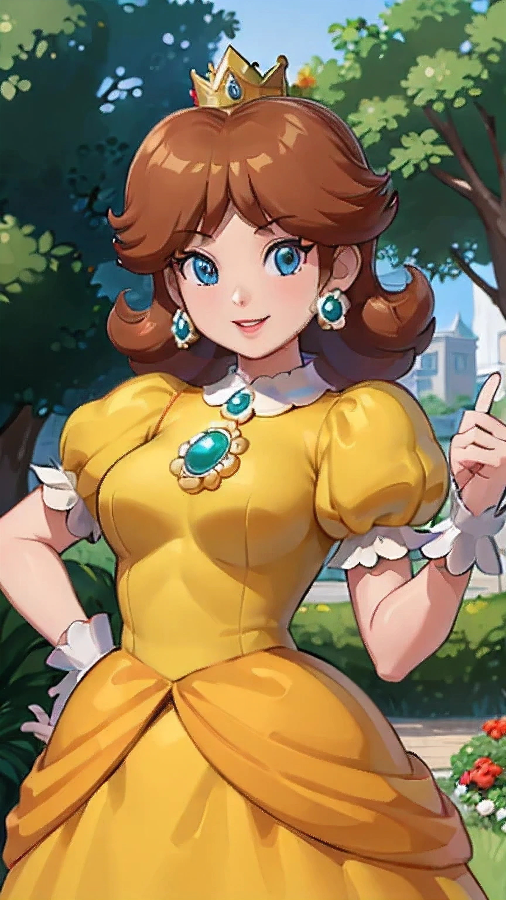 ((high detailed, best quality, 4k, masterpiece, hd:1.3)), dsy, blue eyes, yellow dress, brooch, puffy sleeves, short sleeves, smile, energetic smile, tomboyish, energetic, joyful, smooth skin, gloves, earrings, crown, lightly taned skin, upper body, close-up, outside, one hand out making the peace symbol, bright garden in the background, exquisite masterpiece, Nintendo-inspired brilliance, realistic shadows