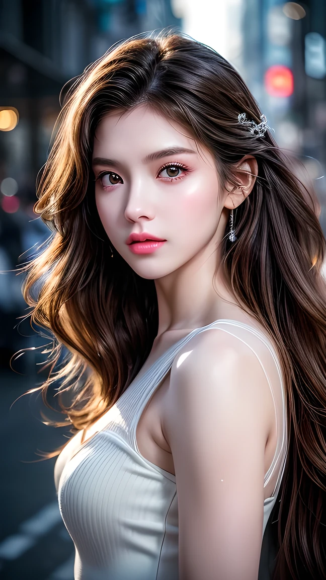 A photo of a 25 year old European girl posing, born, beautiful woman, ( extra long wavy brown hair ), ((portrait)), ((Familiar Face:1.2)), ((familiar facial features)), (finely familiar skin), White Skin, ( White Skirt ), Cyberpunk urban environment , ( cool colorist , wet, reflection masterpiece ) (Perfect proportions)( realistic picture )( top quality combat bed) (familiar) , HDR, ( 8,000) (wallpaper) (movie light) ( Dramatic Lighting ) ( sharp focus) (complex)、((( facial close-up ))),climax的表情,climax, White Clear Wedding Dress 。 full body photo