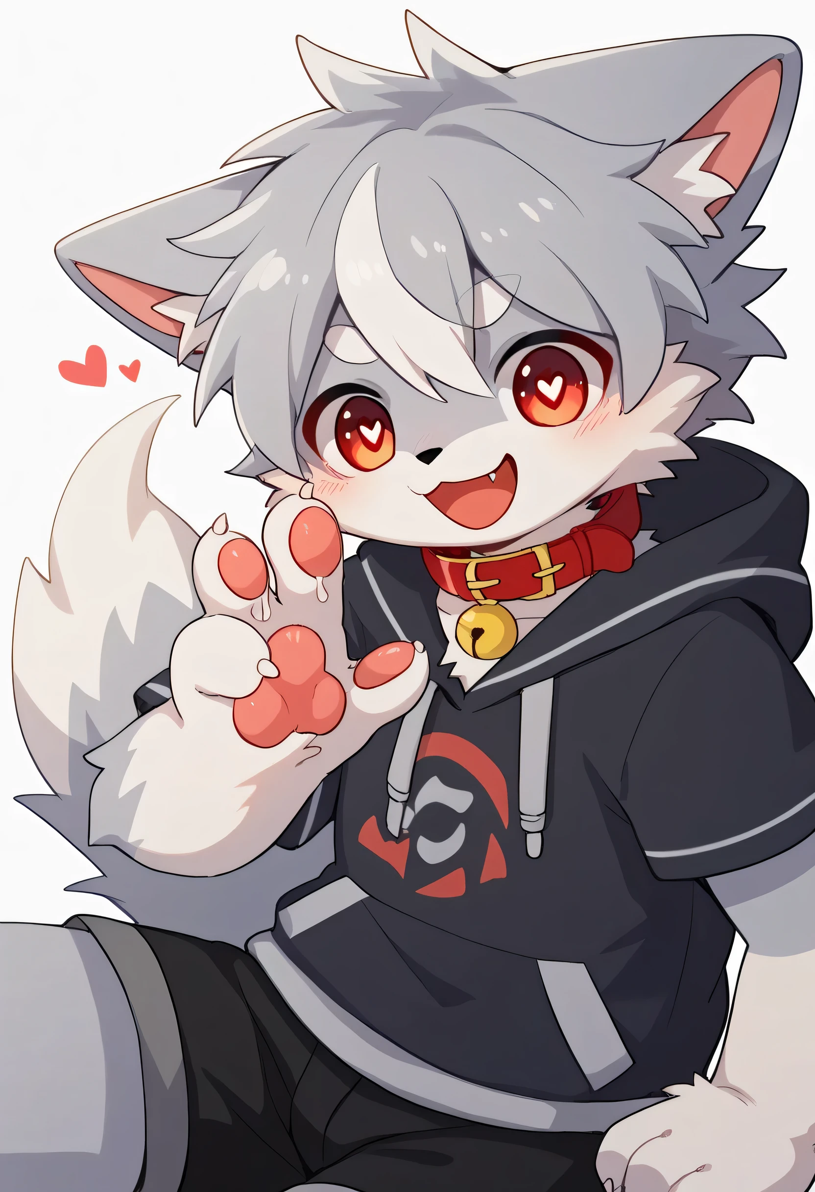    very detailed bustな,   very detailed bust,  white hair with gray coat  ,,male,   excited to see bones  ,  wolf fur,  excited,Participation,   cute face ,   something furry  ,Horny maleの子, red collar on the floor,Cute ears ,Fluffy ears ,Fluffy ears , Show me your legs , Show me a cat's hand  ,  red collar on the floorと紐を持っている,Blood is clothing, red collar on the floorと紐を持っている, cute fur maleの子 , maleの子,   heart eye  ,Horny maleの子 , Black Back ,white background on hand hair, blush nose , alone, droopy ears, black shorts ,   Black Short Sleeve Hoodie  