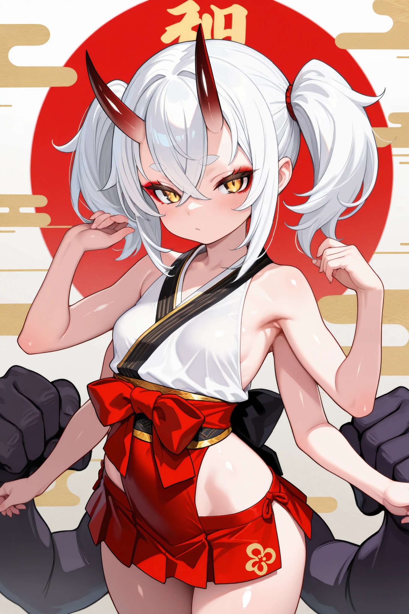 Teenage Girls、Young、child、strong、(Serious expression:1.1)、belly button、stomach、Shorts、Silver Hair、Red eyes、Animal Ears、Tail of the beast、Miko costume、Japanese style