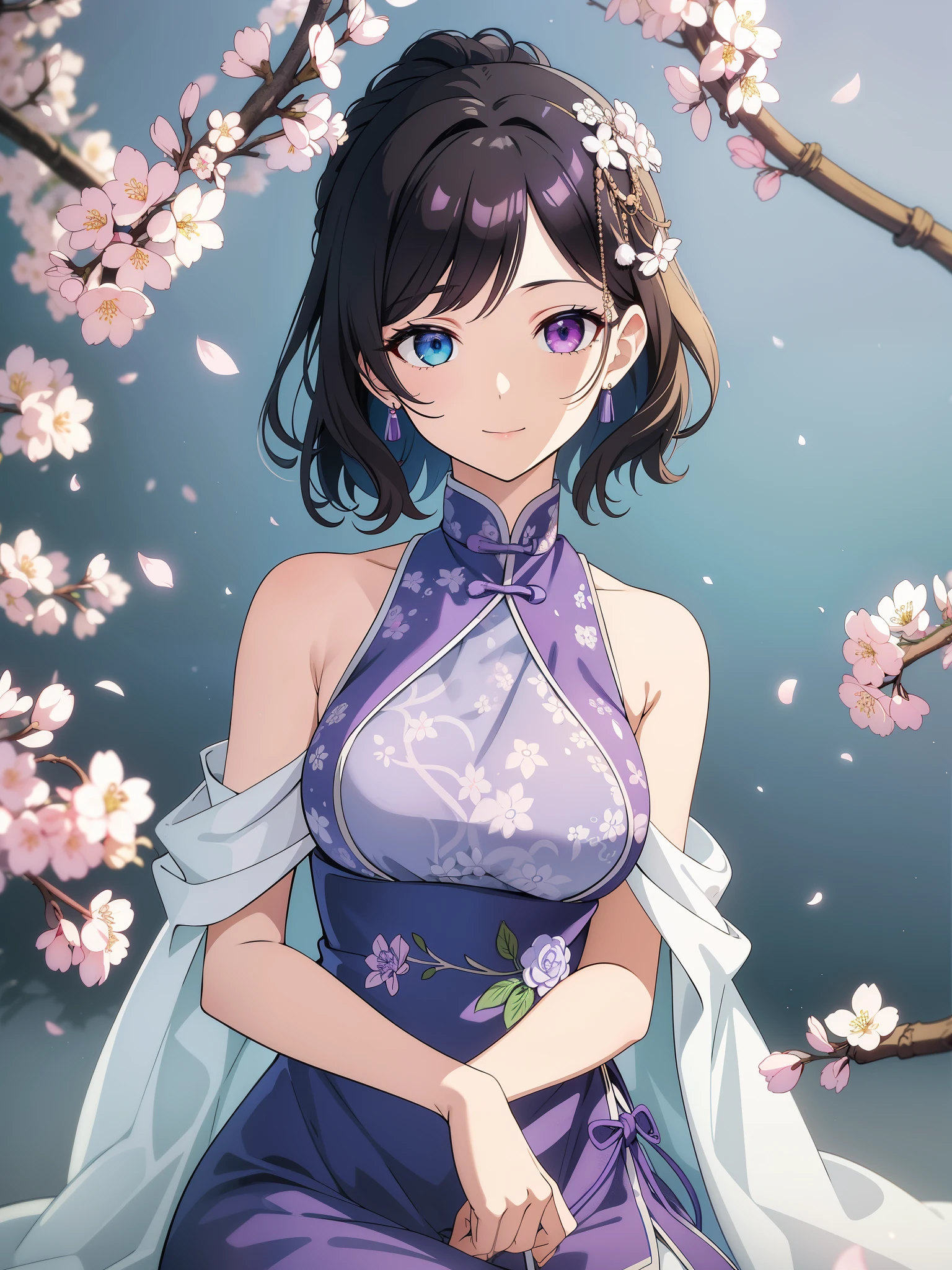 (high-quality, breathtaking),(expressive eyes, perfect face) 1female, girl , solo, ager, asian woman hairstyle, short hair length, soft wave, black hair color, Heterochromia left eye blue and right eye purple, white and black dress, shawl, blue and purple background, music, gentle smile, swirls in background, music notes background, beautiful background, symmetrical eyes, Qing Dynasty Costumes, hairpin, cherry blossom background