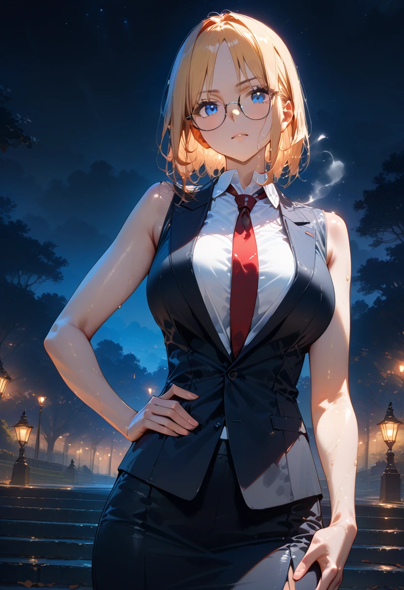High resolution, 2D anime style,,blue eyes beautiful eyes,high and beautiful nose,thin face,blonde boyish short hair,Cool adult woman,Chest is slightly larger,she looks very happy,biting one's lips, she was very angry, she wears glasses,she narrows her eyes,Fashion that shows cleavage,He is wearing a black leather jacket and shorts.,The back view walking around town is beautiful,London cityscape at night