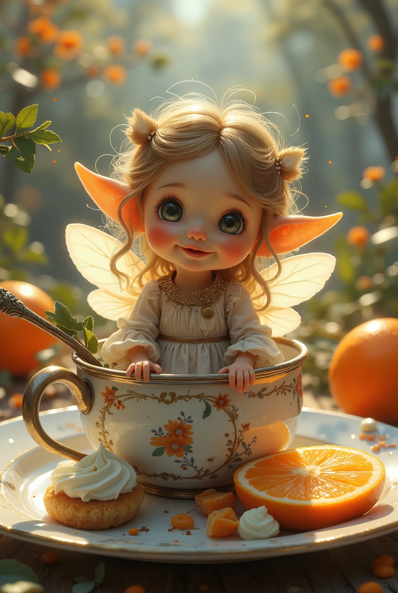 A tiny cheerful cute elf sits in a silver spoon. Curly long golden hair. Rosy cheeks. Small delicate hands and feet. Translucent shiny wings. A fabulous costume made of sparkling silk. A plate made of the finest bone china with floral paintings. Tangerines with leaves . Pieces of tangerine peel. Slices of tangerines. Seeds. Sponge cakes with cream. A few crumbs. Flowers. Flower petals. Flower pollen is scattered in a sunbeam. A touching atmosphere of kindness and happiness. Natural warm light falls from the front and sides. The viewing angle is diagonal. Digital art. High detail. 16 K.
