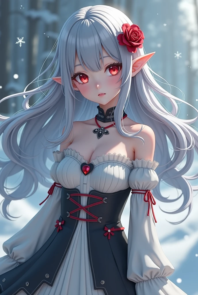 (front view), (Best Quality, A high resolution, Ultra - detailed, current), White, A world covered in silver, branches covered in snow, touch chill of winter, Snowflakes dance like elves, Turn the world into a silver fairy tale, chill, Quiet and beautiful snow scene., Cozy Quiet, (seaArt 2.1), (background frozen white trees snow falling:1.4) , (beautiful blue eyes big black stones:1.4) , (cowboy pose), (realistic) ,8K high quality detailed art, Fanart Best ArtStation, Fantasy art style, (black lolita short pulled-up transparent miniskirt:1.4), (exposed pussy), (naked hairy pussy), stocking open bra, leggings white,detailed eyes, detailed hands, detailed eyes, elf woman, flowers, wet hair, flowers, full body