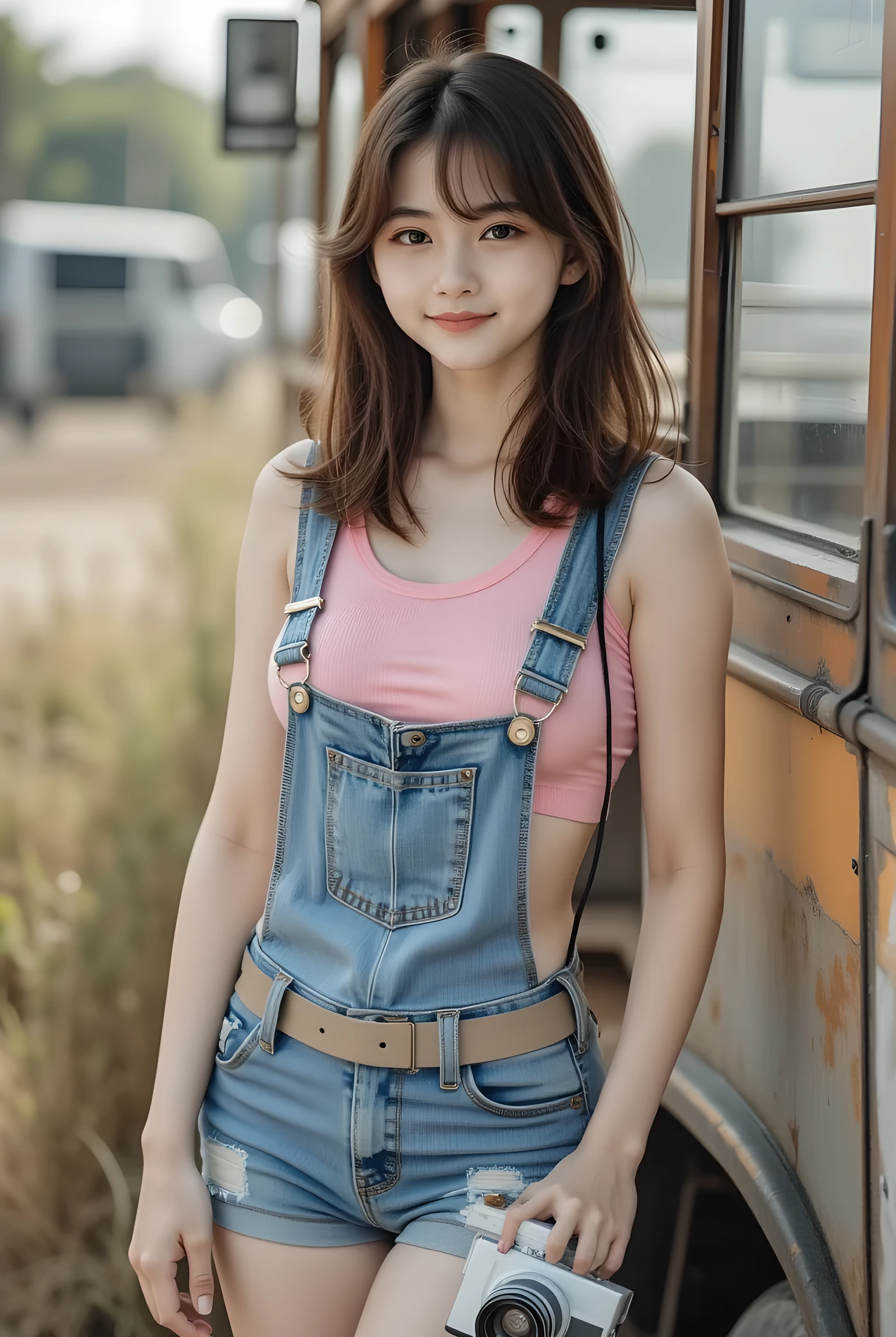 The young girl is charming and cute, her delicate form is accentuated by a jeans jumpsuit and pink tank top that seems to be an extension of her skin. She stands in front of an antique bus, the kind that looked better in the past but still has a certain charm, (big breast:1.5), adding a layer of softness and innocence to the scene. Her style is a mix of Oleg Oprisco's surreal and dreamy photography, the dynamic energy of video, Jocelyn Hobbie's bold, emotive figures, and Nick Knight's avant-garde fashion photography. The color palette is soft and muted, giving the image a gentle and almost nostalgic feel. Portrrait pgoto, her wavy hair, the tiredness in her eyes. He doesn't just look at the audience, he challenges them, dares them to judge him, to understand him, to see him for what he is. The aspect ratio is an unusual 36:55, adding to the unique perspective of the work. Stylization is increased to 750, giving the image a very real, almost fantastical quality., close up, wavy, Nick Knight --ar 36:55 --stylize 750 --v 6, holding retro camera fujifilm,photographing position, ready to shoot, rule of third golden ratio