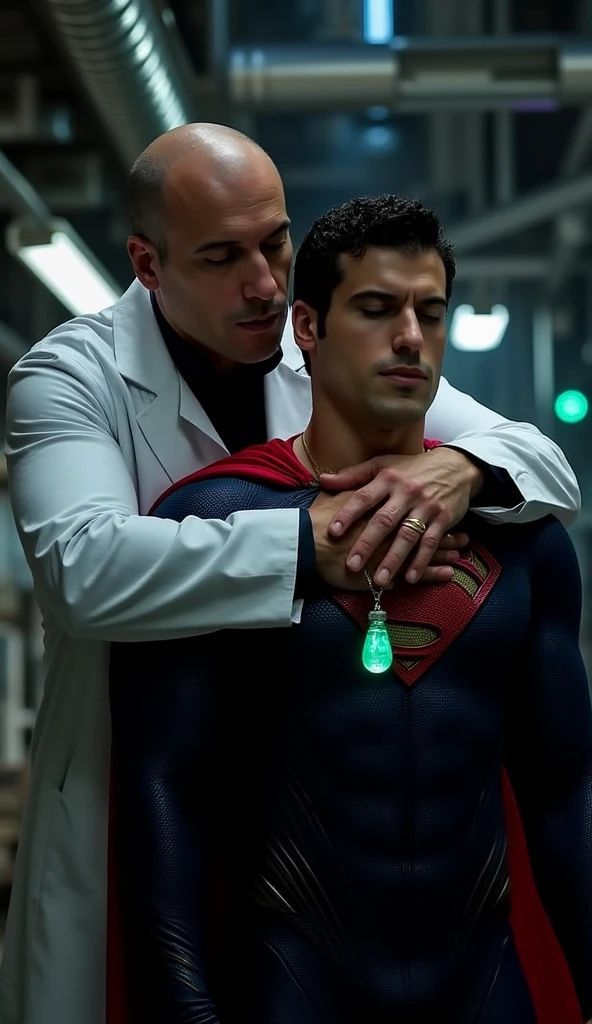 two men in a dimly lit industrial setting. The man on the left is bald, wearing a white lab coat, and has a serious expression. The bald man huggs Cody Christian from behind, Noah Beck, who is dressed in a blue Superman costume with a red cape, a glowing emerald green crystal pendant hanging from his neck. The superhero has dark hair and a beard, and appears unconscious or weakened, with his head tilted slightly upward resting against the other man's chest and his eyes closed. The setting includes industrial pipes and machinery, adding to the tense atmosphere. The lighting is moody, with shadows accentuating the scene's intensity.