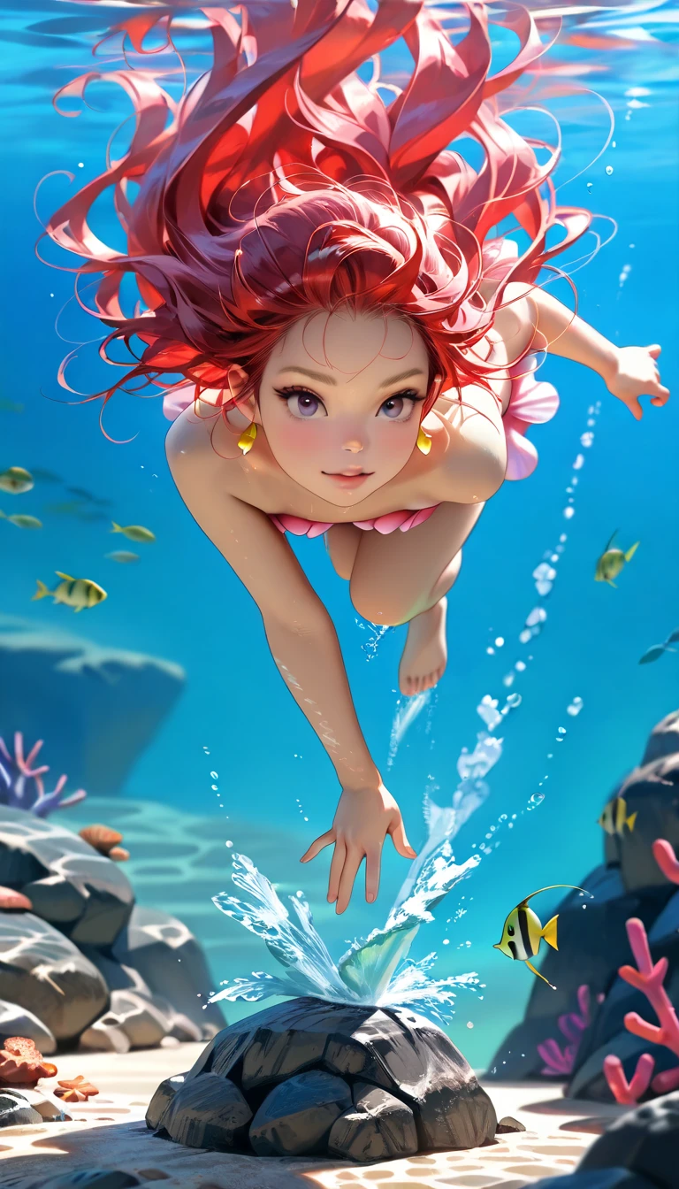 A sexy 13-yr Australian girl is wearing transparent frog head helmet sexy full body details figure, wearing transparent one piece Bikini lifting up plump pussy , wavy pink short braided hairstyles from the flow water, ((having a tadpoles tail at her butt))( goblin ears))(frog hand)) (accurate details of hands & fingers)) hard errect nipples, open legs squat position,exposed pussy line, exposed panties, exposed pussyline, smiling with teeth exposed. Sparkling green eyes, charms, face details & fucos skin texture colored yellow, swimming under the ocean showing corals, urchins, fish, turtle, whale, bubbles of air for accurate background masterpiece ((with full slime yellow frog skin textures all over her body)) (( has gills & tapole flipper)) swimming with ocean current waves under the sea