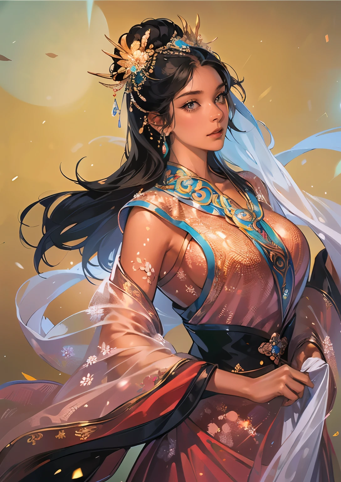 ((Create an image from head to thigh:1.5)),  Illustration of three lands , San Goa, (San Goazhi :1.5), (((Female Solo))),   Pretty Woman Dress,  meme, various faces, (bhands:1.3), ((black hair)), various poses, (((Show different facial colors))),  silver jewelry , (Create a ???? look), (Traditional Korean costume:1.2), MFBP1:1.3, Woman standing back and looking, Great background ,  Blurred image , natural light,