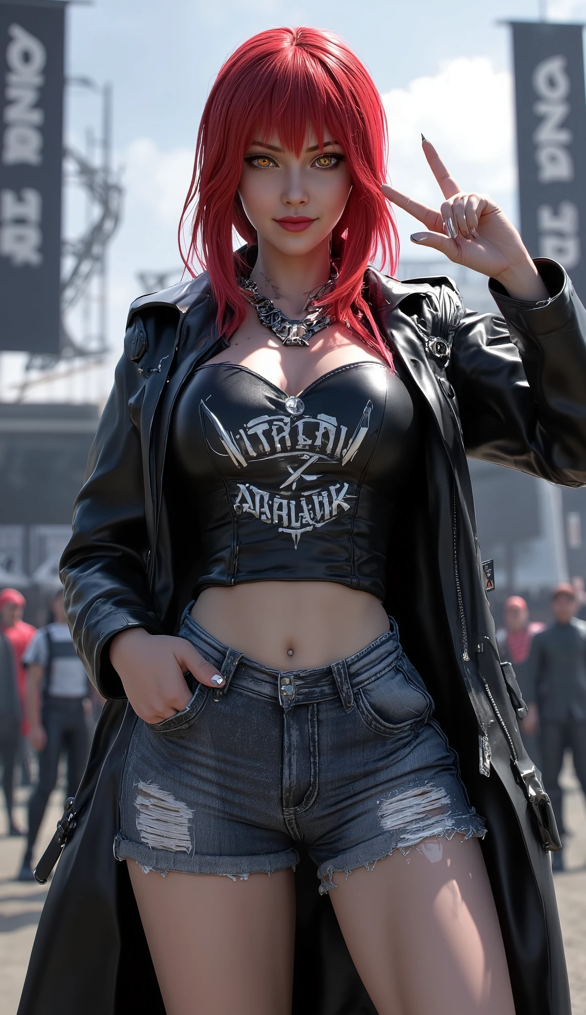 Beautiful woman, (Masterpiece, best quality, 4k resolution, ultra-realistic, ultra-detailed, photorealistic, cinematic lighting, sharp focus), standing at the world-famous metal festival WACKEN OPEN AIR, curvy hourglass figure, wide hips, big breasts, radiant smile, wearing a black leather jacket over a tight crop top with the GUTALAX band logo and a deep v neckline that shows her cleveage, ripped jean booty shorts, making direct eye contact, playfully seducing the viewer, giving to the viewer the rock sign with her left hand, while the right hand is in her pocket, mid-body shot, slightly low angle, dynamic poses, anatomically correct hands and body (no extra fingers, no extra limbs, no deformities), realistic skin texture, detailed fabric (leather, denim), cinematic lighting with soft highlights and shadows, lively festival atmosphere with Wacken Open Air landmarks (e.g., iconic stages, festival flags, crowd tents) in the background, crowd blur, stage lights, and motion, (negative prompt: extra hands, extra fingers, extra limbs, deformed hands, distorted anatomy, unnatural poses, blurry details, low resolution, overexposed lighting, underexposed lighting, unrealistic proportions, bad anatomy, text artifacts), aspect ratio 4:5 or 16:9, photorealistic model, flux generation for optimal lighting and texture, sampling method Euler a or DPM++, CFG scale 7-10. --hand_refinement 2