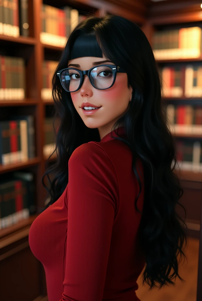 Professional, High level of detail, close up photo (attractive mature 55yo woman:1.3), long black hair, tied up, gray eyes, (red off shoulder, red long skirt, no bra)1.455,ray tracing, natural lighting, (seductive:1.1), (blushing:1.1 ), (classy, elegant, dandy)1.2, (round big breasts)1.2 (pokies)1.3, (toned body, hourglass body shape) (wipe hips), (full body with visible face and eyes)1.5, glasses, earnings, at school library,  sit down, necklace, tattoo on breast, hand in pocket, bracelet