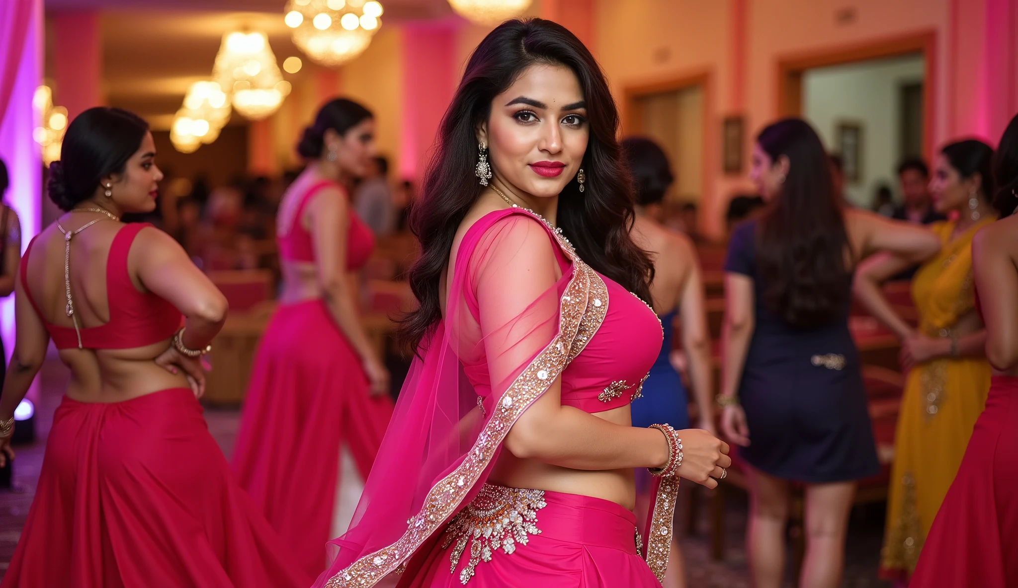 A 27 years old ,matured,american white woman with a large-sized, full figured body shape, ivory white round-shaped face.

 She and her black african husband. Description: She is in a bright pink lehenga, the skirt fitted at her hips with intricate embroidery.

Setting: A colorful Bollywood set with dancers and bright lights.

Action: She performs a traditional dance, spinning and moving her hips rhythmically to the beat of the music.

View: The focus is on her graceful hip movements as she twirls, with the lehenga swirling dramatically around her............

."she is fully wet.she has medium breasts. A plus size body Highlighting her every curves, figure,shape.She has a small nose piercing. wearing browline eyeglasses.Tisca chopra's ivory white colour face undefined, undefined,