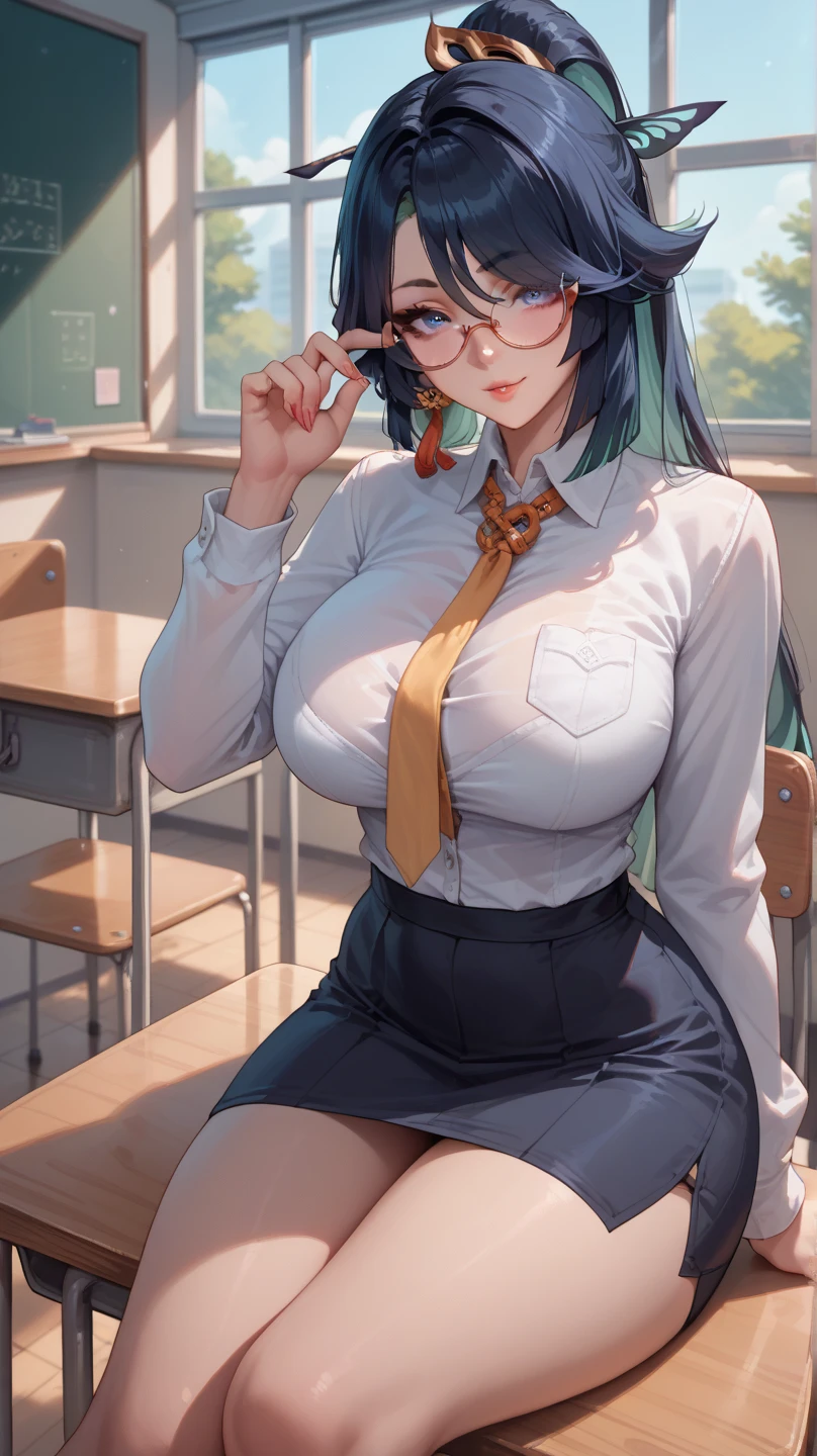 masterpiece, best quality, this sexy female teacher is sitting on a classroom desk naked, 1girl, full body, breasts, nipples, solo, classroom, high heels, jewelry, sexy smile, open clothes, bracelet, chalkboard, spread legs, sitting, necklace, shirt, open shirt, pussy, skirt, desk, long green hair, large breast, green eyes, latex high heels, beautiful tits