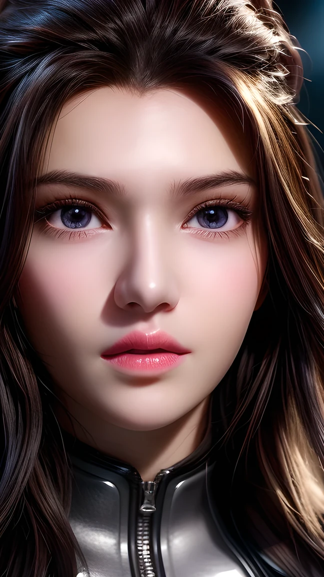 A photo of a 25 year old European girl posing, born, beautiful woman, ( extra long wavy brown hair ), ((portrait)), ((Familiar Face:1.2)), ((familiar facial features)), (finely familiar skin), White Skin, ( White Skirt ), Cyberpunk urban environment , ( cool colorist , wet, reflection masterpiece ) (Perfect proportions)( realistic picture )( top quality combat bed) (familiar) , HDR, ( 8,000) (wallpaper) (movie light) ( Dramatic Lighting ) ( sharp focus) (complex)、((( facial close-up ))),climax的表情,climax, black dress。