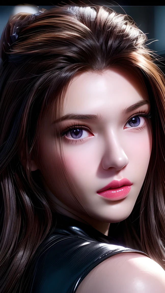 A photo of a 25 year old European girl posing, born, beautiful woman, ( extra long wavy brown hair ), ((portrait)), ((Familiar Face:1.2)), ((familiar facial features)), (finely familiar skin), White Skin, ( White Skirt ), Cyberpunk urban environment , ( cool colorist , wet, reflection masterpiece ) (Perfect proportions)( realistic picture )( top quality combat bed) (familiar) , HDR, ( 8,000) (wallpaper) (movie light) ( Dramatic Lighting ) ( sharp focus) (complex)、((( facial close-up ))),climax的表情,climax, black dress。