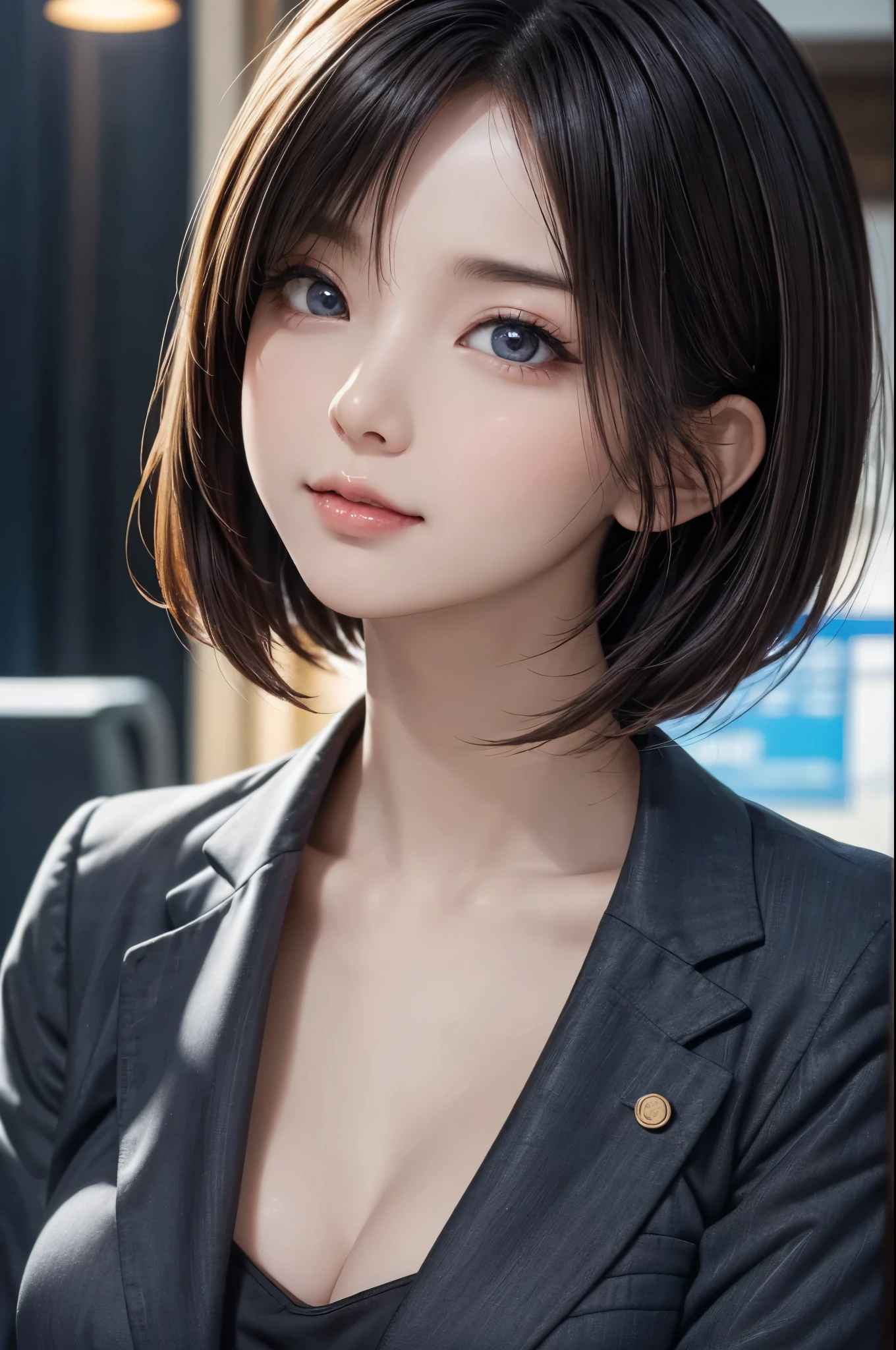 (masterpiece, highest quality:1.2), high resolution, ultra detailed, beautiful, RAW Photo, 4K, 8K, dynamic pose, close up face, cinematic lighting, 1girl, Pretty Japanese Idol, straight bob hair, (beautiful detailed eyes, perfect eyes:1.1), (beautiful detailed face:1.2), (kawaii, cute face, round face:1.3), natural makeup, beautiful glossy lips, beautiful breasts, (Glowing Skin), wearing a business suit, office