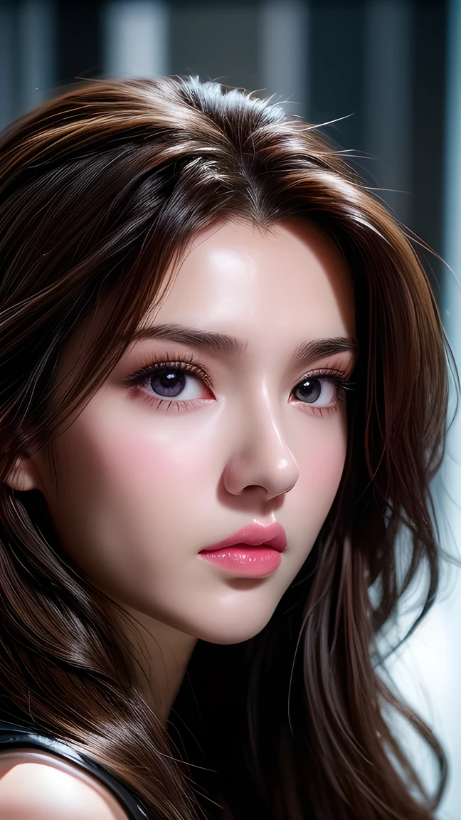 A photo of a 25 year old European girl posing, born, beautiful woman, ( extra long wavy brown hair ), ((portrait)), ((Familiar Face:1.2)), ((familiar facial features)), (finely familiar skin), White Skin, ( White Skirt ), Cyberpunk urban environment , ( cool colorist , wet, reflection masterpiece ) (Perfect proportions)( realistic picture )( top quality combat bed) (familiar) , HDR, ( 8,000) (wallpaper) (movie light) ( Dramatic Lighting ) ( sharp focus) (complex)、((( facial close-up ))),climax的表情,climax,black wedding dress。