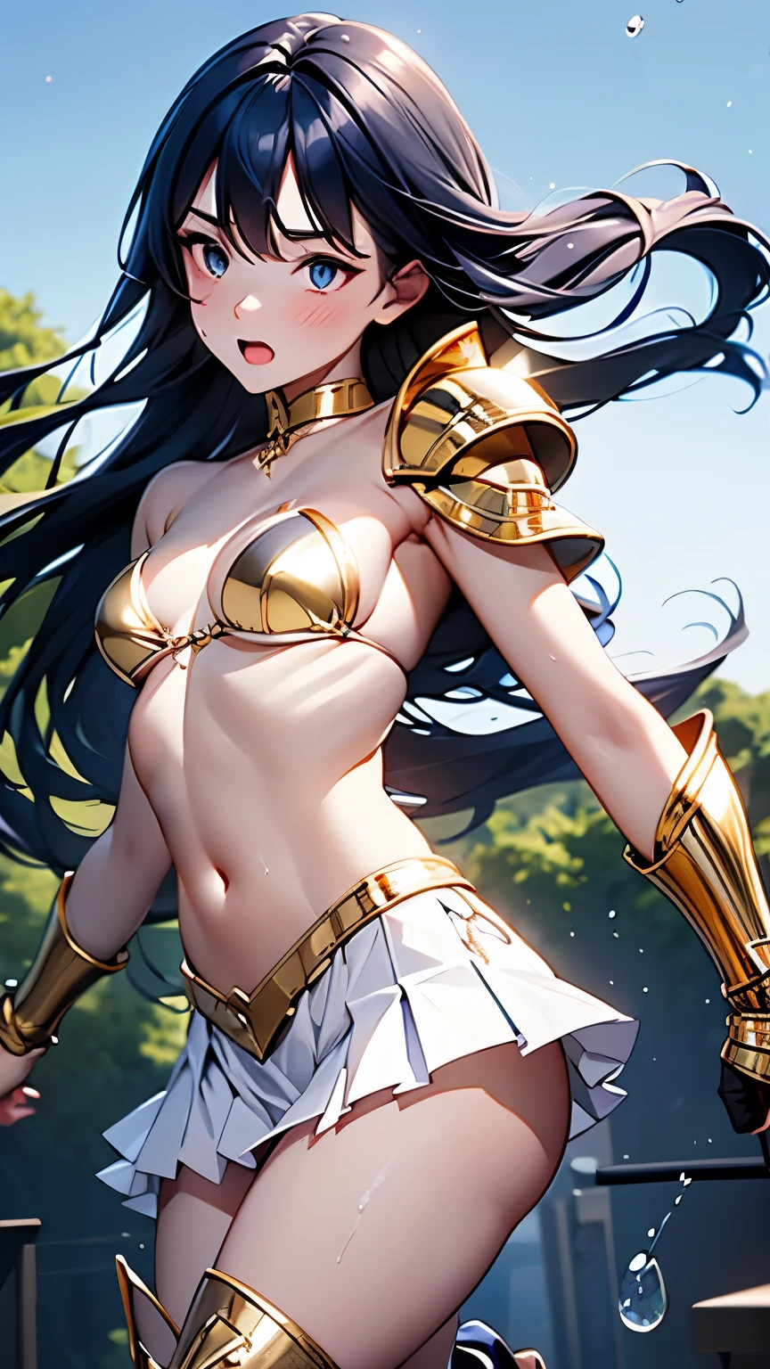Nsfw, (((BDSM))), (((masterpiece))), ((comics, anime)), (3DCG), 8K, 4K, High Definition, asou yuuko, bikini armor, highest quality, high resolution, 8K, ultra-realism, super detailed and realistic skin texture, ultra-detailed, perfect anatomy, perfect lightning, realistic shadows, beautiful illustrations, Realistic skin, sexyposture, (((Adult body))), showing the whole body, Beautiful background, ((((torn clothes)))),
BREAK 1 girl, 18 yo, Kasumi_Hellabuna, Elegant mature woman, Fine skin, real looking skin, Height:158cm, body weight:42㎏, breasts:82cm, waist:58cm, hip:80cm, Ultra-fine facial texture, Realistic beautiful face, realistic beautiful eyes, very detailed eyes, beautiful fingers, Beautiful detailed eyes, BREAK ((flat chest)), ((slender body)), (((Thin thighs))), narrow waist, (((perky breasts))), Long legs, ((small face)),
BREAK armor knight, (((bikini-type gold metal breastplate, lift))), intricate decoration, (((crop top))), (((strapless dress))), ((Cleavage)), (((choker))),
BREAK (((((Thigh-length gold metal boots, pin heel))))), (((gold metal gauntlet))), ((gold metal shoulder guard)), Metallic Shine,
BREAK (((knee length skirt))), ((((white pleated skirt)))), gold metal belt,(((white panties))), ((long sword, fantasy)),
BREAK ((beautiful dark blue hair)), (((Long hair))), ((straight hair)), (silky hair), ((asymmetrical bangs)), ((hair between eyes)), ((46 points oblique bangs)), ((beautiful dark navy eyes)), natural makeup,
BREAK A woman standing in a fashion model stance, (adult:1.2), enchanting posture, landscape, preparing for battle, action shot,
BREAK Her hair is fluttering in the wind
BREAK (fighting), ((long sword in hend)), ((swinging the sword high)), (dynamic motion pose),
BREAK ((arched back)), squirming body, ((turning face away)),
BREAK ((blush)), Surprised face, (embarrassed), open mouth, ((narrow eyes)), ((sweating face, skin)), ((steam)), (breath), (glossy skin), ((wet skin)), ((droplets of sweat)),