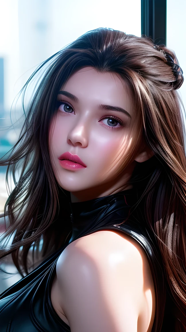A photo of a 25 year old European girl posing, born, beautiful woman, ( extra long wavy brown hair ), ((portrait)), ((Familiar Face:1.2)), ((familiar facial features)), (finely familiar skin), White Skin, ( White Skirt ), Cyberpunk urban environment , ( cool colorist , wet, reflection masterpiece ) (Perfect proportions)( realistic picture )( top quality combat bed) (familiar) , HDR, ( 8,000) (wallpaper) (movie light) ( Dramatic Lighting ) ( sharp focus) (complex)、((( facial close-up ))),climax的表情,climax, black tights