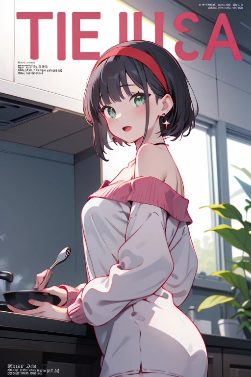 (small breasts:1.3), (perky chest:1.1), (pointed chest:1.0), (fashion magazine cover:1.3),(from below:1.0),(from side:0.9),masterpiece, 1girl, Amazing Cleavage:1.1, thin waist, big ass, Raised sexy, small breast: 1.3, posed cleavage:1.2、solo, looking at viewer, open mouth, have a cute grass of cute beergrass,black hair, dark green eyes, dress, bare shoulders, jewelry, collarbone, sidelocks, hairband, earrings, indoors, off shoulder, :o, sweater, arms behind back, plant, short hair with long locks, gild hairband, off-shoulder dress, sweater dress, off-shoulder sweater, red sweater, dark gord hair, big side hair, very long side hair,is rendered in (masterpiece: 1.2, best quality), with (ultra high resolution) and an exquisite (depth of field). This masterpiece is not only visually stunning but also tells,A scene of cooking in the kitchen by classroom