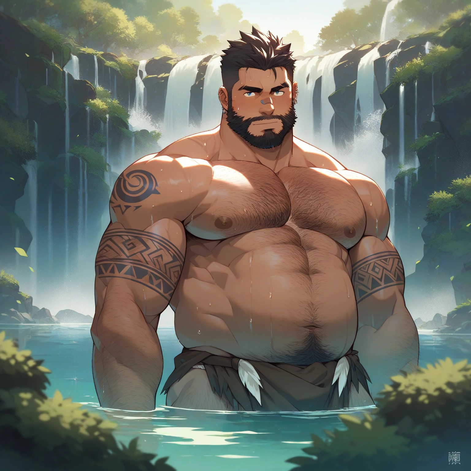masterpiece,best quality,H),1 person,nudeboy,very shy,Face turned red,Shy,muscular,delicate eyes,nude,(nude),blue eyes,Shirtless,Upper body body,short blue-purple hair,(Fluorescent lamp),(a color),((abstract background))huge muscle,huge bulge, vampire lord, monster