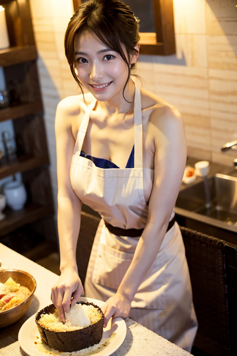 (Highest quality, 4K, 8k, High resolution, masterpiece:1.2), Very detailed, (Realistic, photoRealistic, photo-Realistic:1.37),Japanese Housewife,Big Breasts,20-year-old,short hair,kitchen、cooking,maid apron,Completely naked,(Hold a frying pan in one hand)