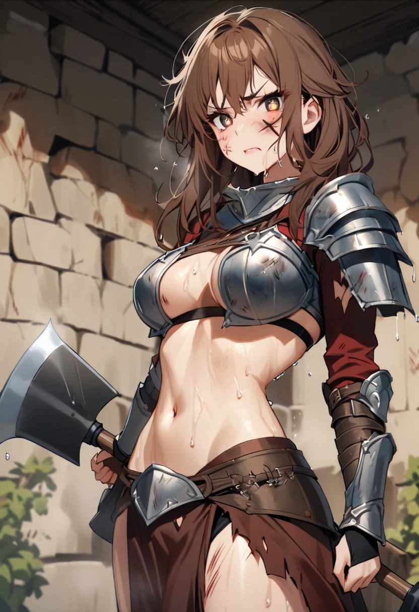 anime aestetics, dynamic pose, aestetics view, perspecticve, digital portait of a female knight, short brown hair, blue eyes, huge scar on face across the eye, old worn out armor, simple steel plate armor, angry face, anime character, beautiful woman, tomboy, muscular body, perfect six pack abs, blurry background, medival training field, pov, first-person view, atmospheric perspective, best quality, 16k, 8k, highres, award winning, high details, super detail, textured skin, accurate, masterpiece, retina, UHD
