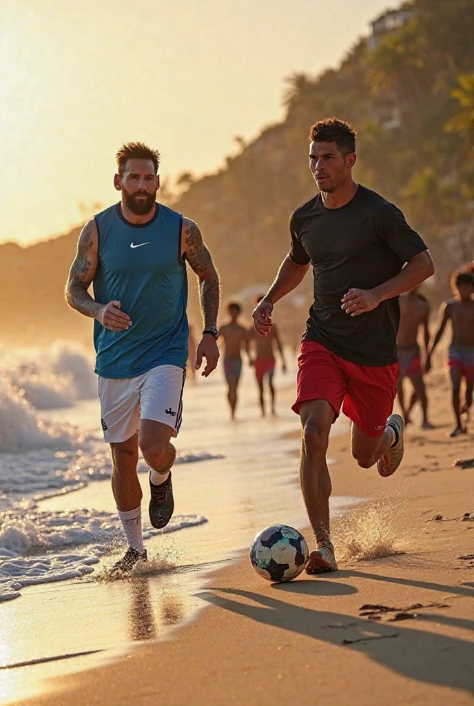 Messi with Cristiano on the beach