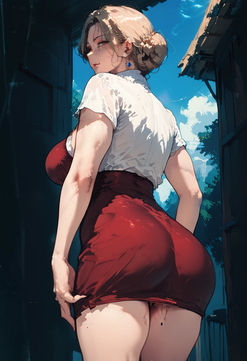 ((Biologically correct number of limbs))、(( Full body photo including face))、4K、((standing position))、masterpiece、((focus on the face))、((Symmetrical facial features))、Eyes of minute description、Beautiful woman、outstanding style、beautiful clavicle、beautiful legs、slender body、(small ass、thin thighs)、(stockings、high heels)、Detailed depiction of faces、small earrings、necklace、high angle、(upper body cardigan、shirt、((long skirt))、latex、rubber)、close up of face、lighting to the face、smile、turn one's face upward、Looking back、buckshot、