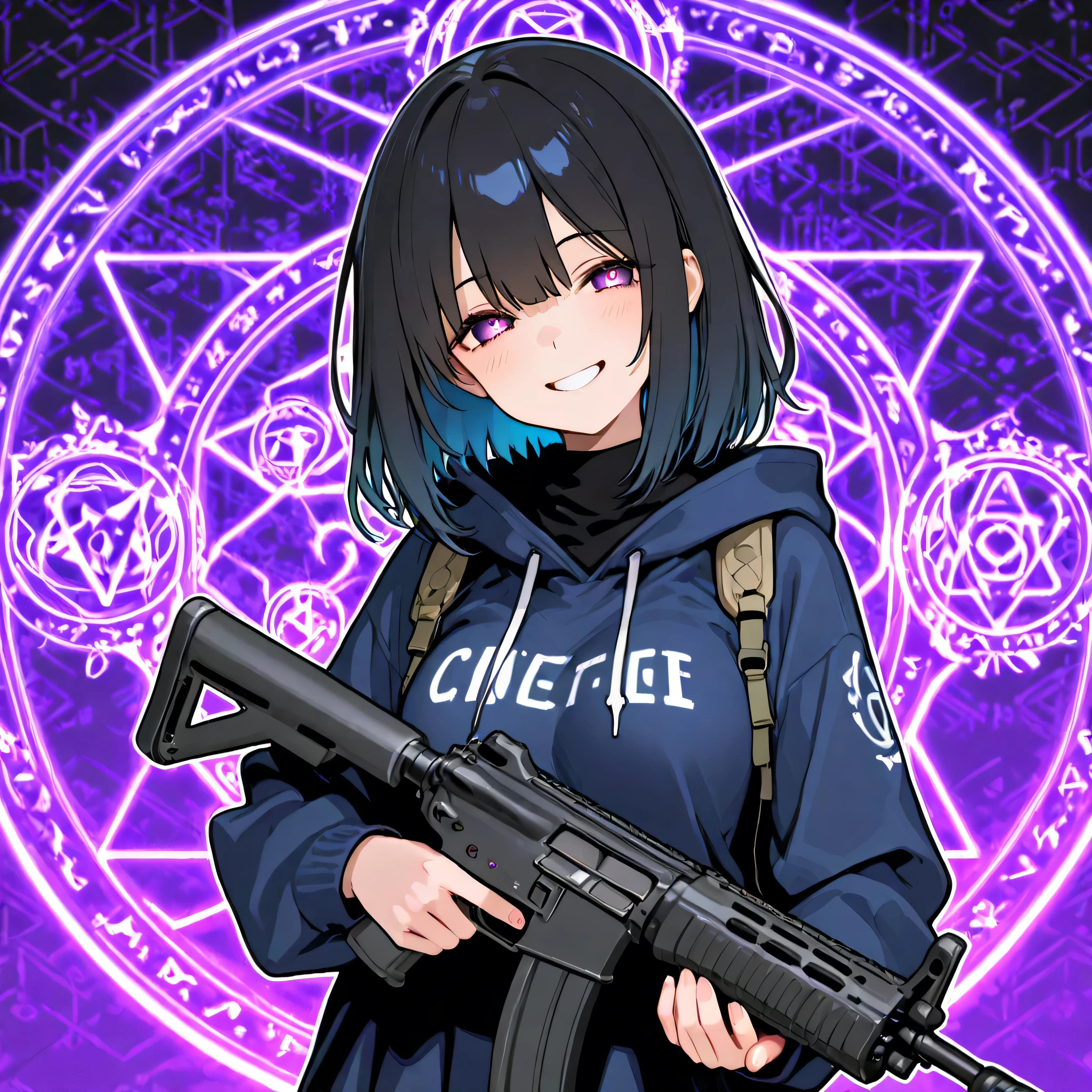 A neon-colored magic circle with many phrases drawn in a geometric pattern on the background。I'm holding an assault rifle in the center。Dark-haired woman with a cool smile。