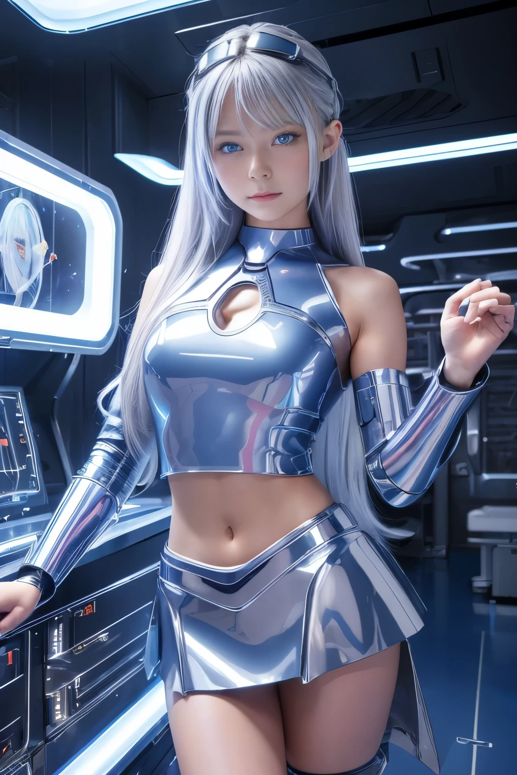 highly detailed, long blue hair (long blue hair 2.0) , 8k resolution, masterpiece, one girl,(Full figure:1.2), (nine heads and bodies:2.0), (thin hips), (thin and long legs: 2.0), (pumps:1.2), Glossy leather, 25 years, cute sexy beautiful face, blue hair, pink lips, parted lips, ( Hair parted to one side:1.5), High Light, light blue eyes, SEXY FACE, sexy cute young woman, ( tight gray space suit :1.3), (complex parts: 1.2), Almond eye, (detailed face), Beautiful smile, My cheeks turned red, firm breasts, slim body shape, athletic waist, athletic toned butt, Beautiful hands, athletic shoulders, look at the audience, The woman poses sitting for a photo., standing facing forward, Straightens hair, composition, depicting a line from the knees to the head., Sand dunes, planet Araxis, add sci-fi, spaceship in background, Sand dunes, interesting background details, rocks, night in the desert, futuristic tent, An oasis in the desert, night sky, neon lighting