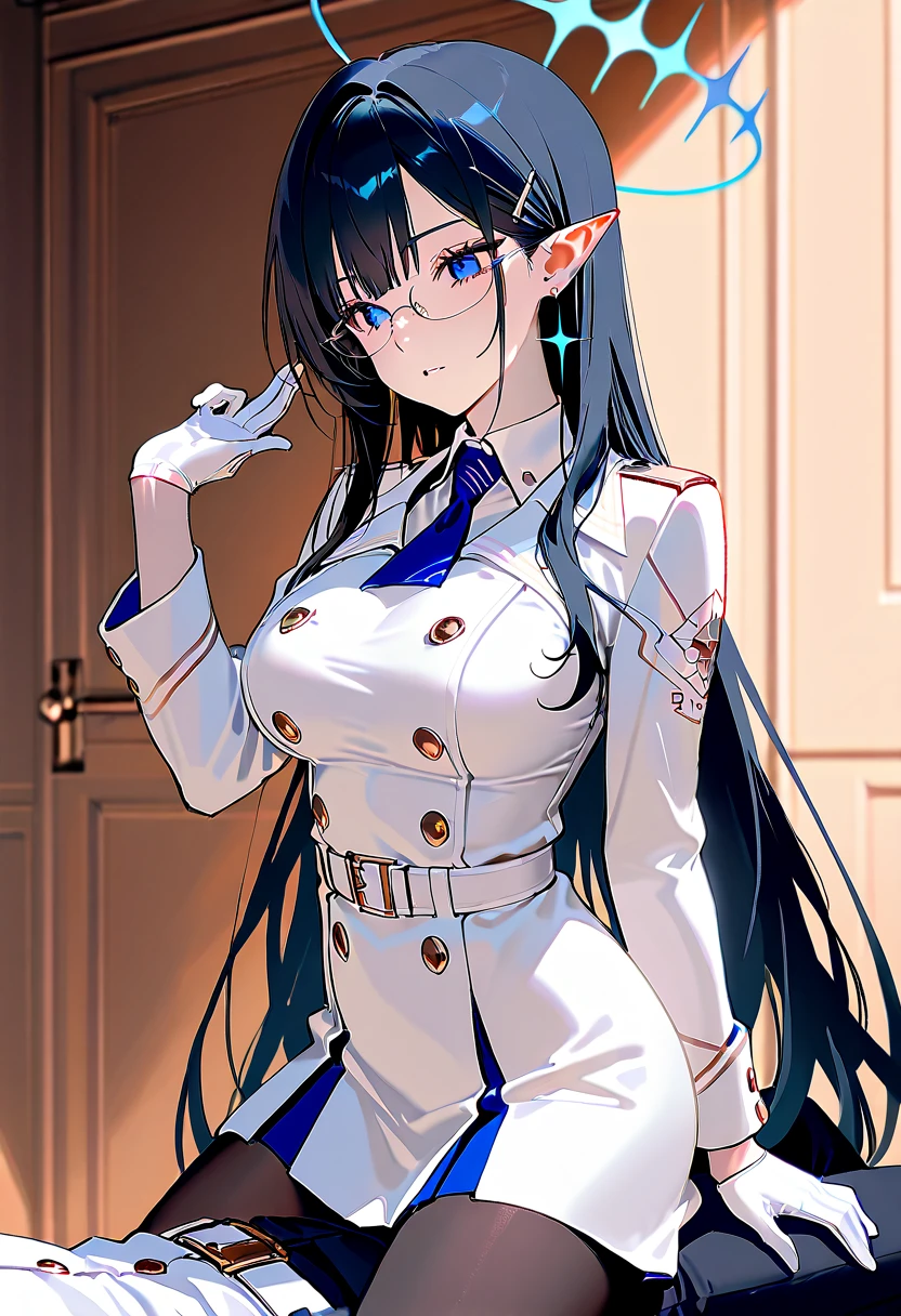masterpiece, best quality, 1girl, solo, standing, <lora:rin-ba-richy-v1:1> rin, halo, sleeveless, necktie, white dress, pantyhose, mature female, parted lips, glasses