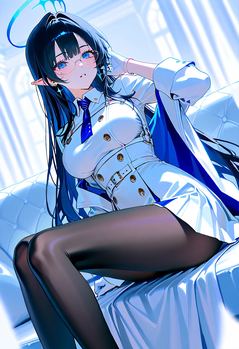 Yukino under the snow，The hair color is black，The hairstyle is black long and straight，The eyes are gray and agile，The facial features are delicate and cute，The figure is slender and slender，The chest is not large，The buttocks are upturned，The legs are rounded and slender，He wears black knee-length socks on his legs，He wears a white loose shirt，The expression is shy，sit on a bed，The bed is white，Whole body diagram。