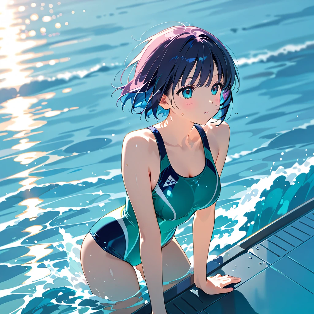 ultra-Top-quality by art God, ultra-detailed, high resolution, shinkai makoto style, anime moe artstyle, best anime 8k konachan wallpaper, pixiv contest winner, perfect anatomy, break,(Please draw a picture of a girl in a swimsuit sitting on a bench by the poolside alone.),break, a hyperrealistic school girl, parted lips, (Solo,lolita, ???, 13-year-old:1.3),Full limbs, complete fingers, androgynous charm, very short hair, wet hair, small breasts,slender body, Small butt, groin, Small black eyes,hanme,beautiful detailed eyes, well-proportioned iris and pupils, sleepily, highres detailed hair, swimsuit, wet swimsuit, bare shoulders, thighs, in the school pool. break,dewy skin, perspiration on the skin,skin texture, fine lines, pores, natural imperfections,light reflections, glossy skin, shiny skin,break,super detailed skin, shiny skin, Best lighting powered by famous artist, 8k, illustration,UHD, textured skin,break,((artist:toosaka_asagi )), artist:clamp ,artist:carnelian ,artist:kantoku ,