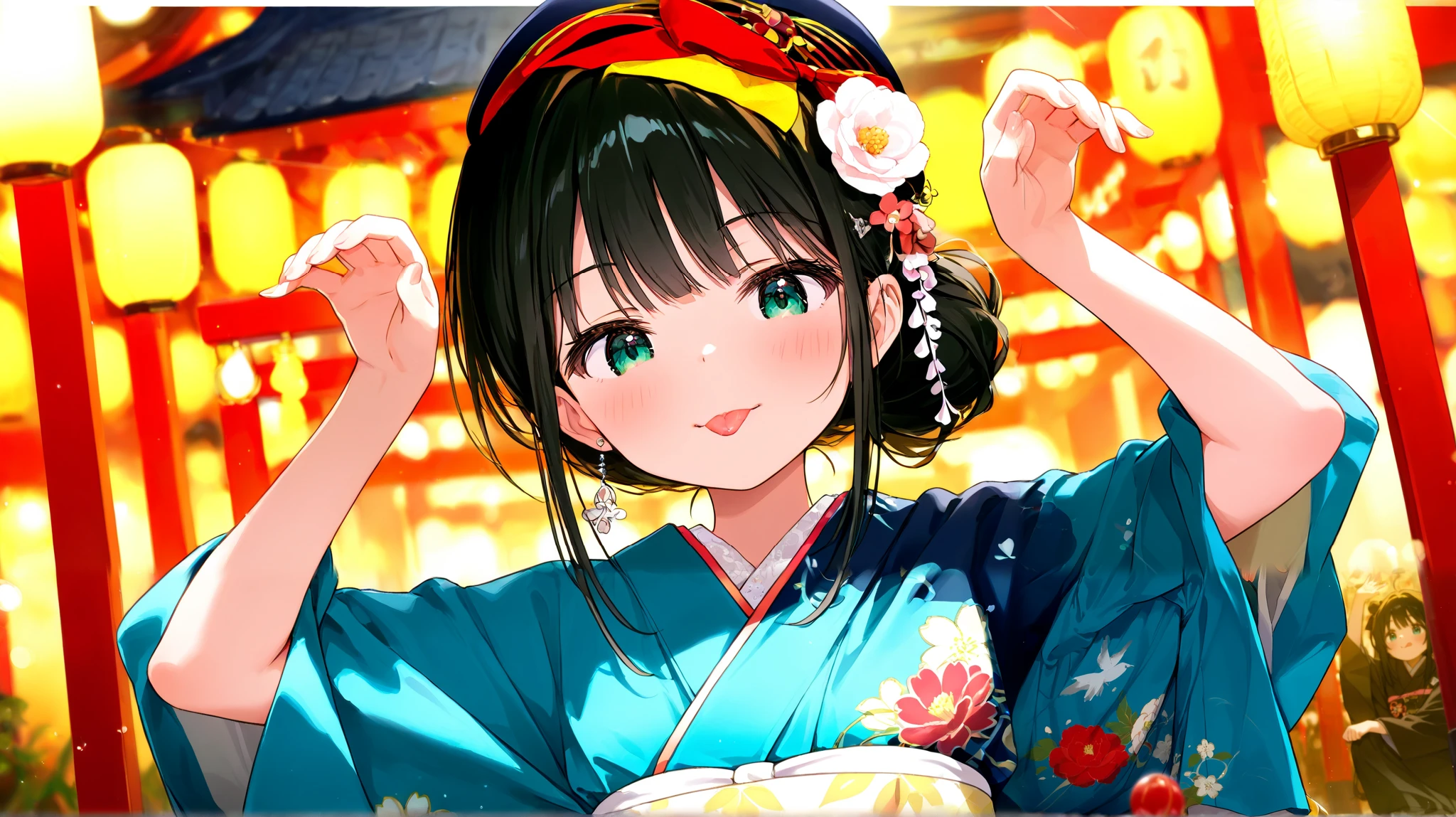  Costume、 clear、Elegant、 kimono、 black hair、 lori、cute、Tongue out、OK pose