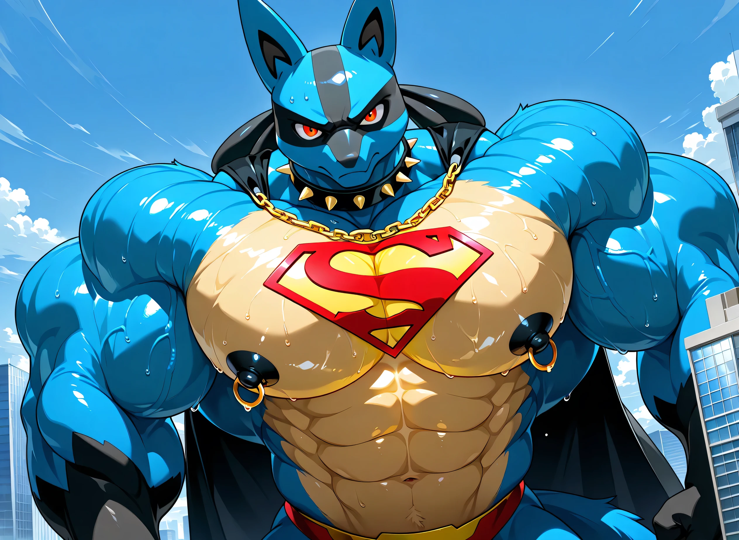 kemono, by null-ghost, by zixiong, solo, male, tail, Lucario, anthro, black nipples, big nipples, gold nipple rings, sweaty, handsome, broad shoulders, broad chest, huge muscular, posing, thick neck, thick arms, blue arms, pectorals crushing city, bedroom eyes, looking at viewer, angry, growling, macro, giant, massive, city, buildings, wearing gold chains around neck, wearing a spiked collar on his neck, wearing superman outfit, superman symbol on center of chest, black cape, detailed background, sweaty, flexing arms down, low view, close view of chest and face, body fills frame, BREAK score_9_up,score_8_up,score_7_up,score_6_up,score_5_up,score_4_up
