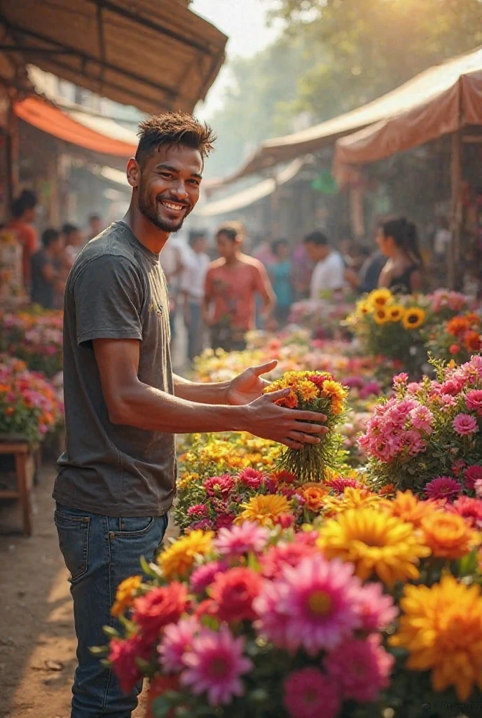 Boy selling flowers on the street