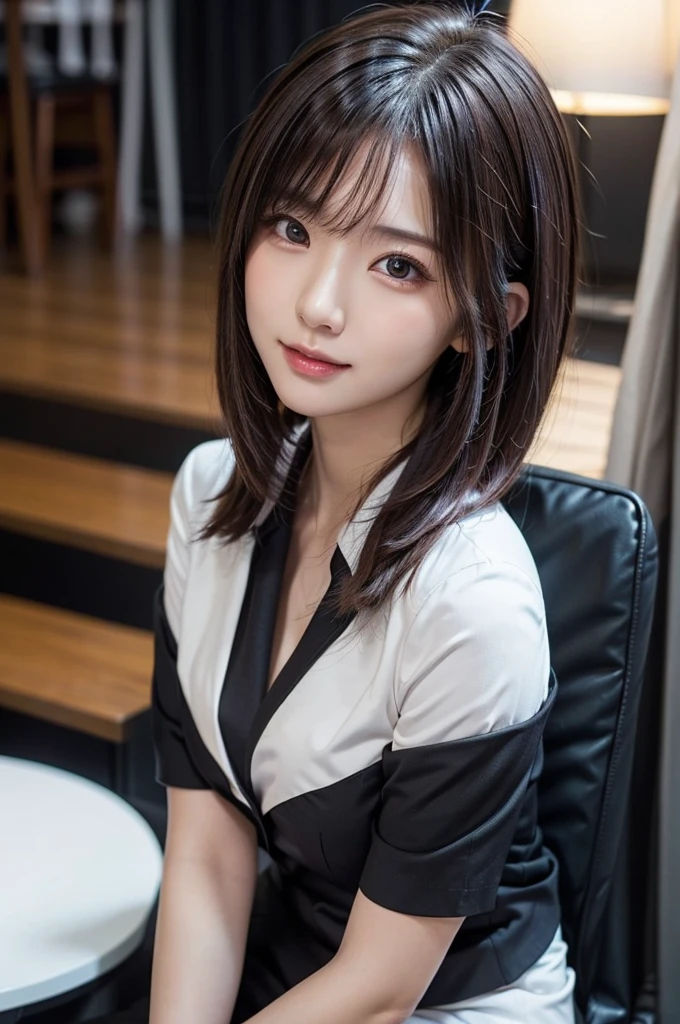 8K RAW Photos,highest quality, highest quality:1.1, masterpiece:1.3,超A high resolution, (Realistic:1.4), RAW Photos, (Above the knee:1.5, From the side), Natural skin texture:1.1, Realistic eye and facial details:1.3, Lip,(The background is blurred:1.4), (In the suite), 1 Japanese girl, cute, (alone:1.6), (A shy smile), (Dark brown eyes), Smooth skin, (Brown medium hair,bangs), (Touching hair:1.4),Nogizaka,office,business suit、Full Body Esbian、standing