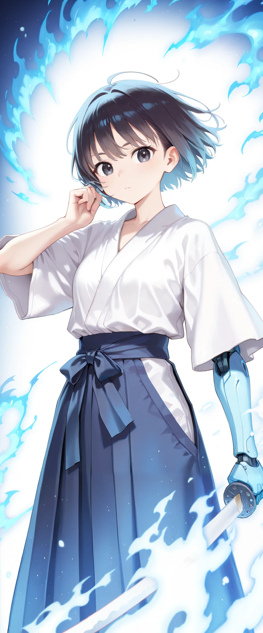 high definition, excellent anatomy, (best quality, ((very delicate and beautiful)), {{very detailed and delicate}}, {8k cg wallpaper},(Blue flame emitting blue light),beautiful eyes, super fine eyes, super beautiful eyes, {{illustration}},sumptuous artwork, ray tracing,burn aura,(flame aura), (chromatic aberration: 1.2),Ronin, Dirty, Long Hakama, (mechanical arm:1.2),cool girl,burning katana,blue fire blade,((Sword Drawing)),((blue fire hands:1.3)),blue burning hands,Burning sleev,black eyes, black hair, ragged body,buggy clothes,(action pose),dynamic angle, empty town