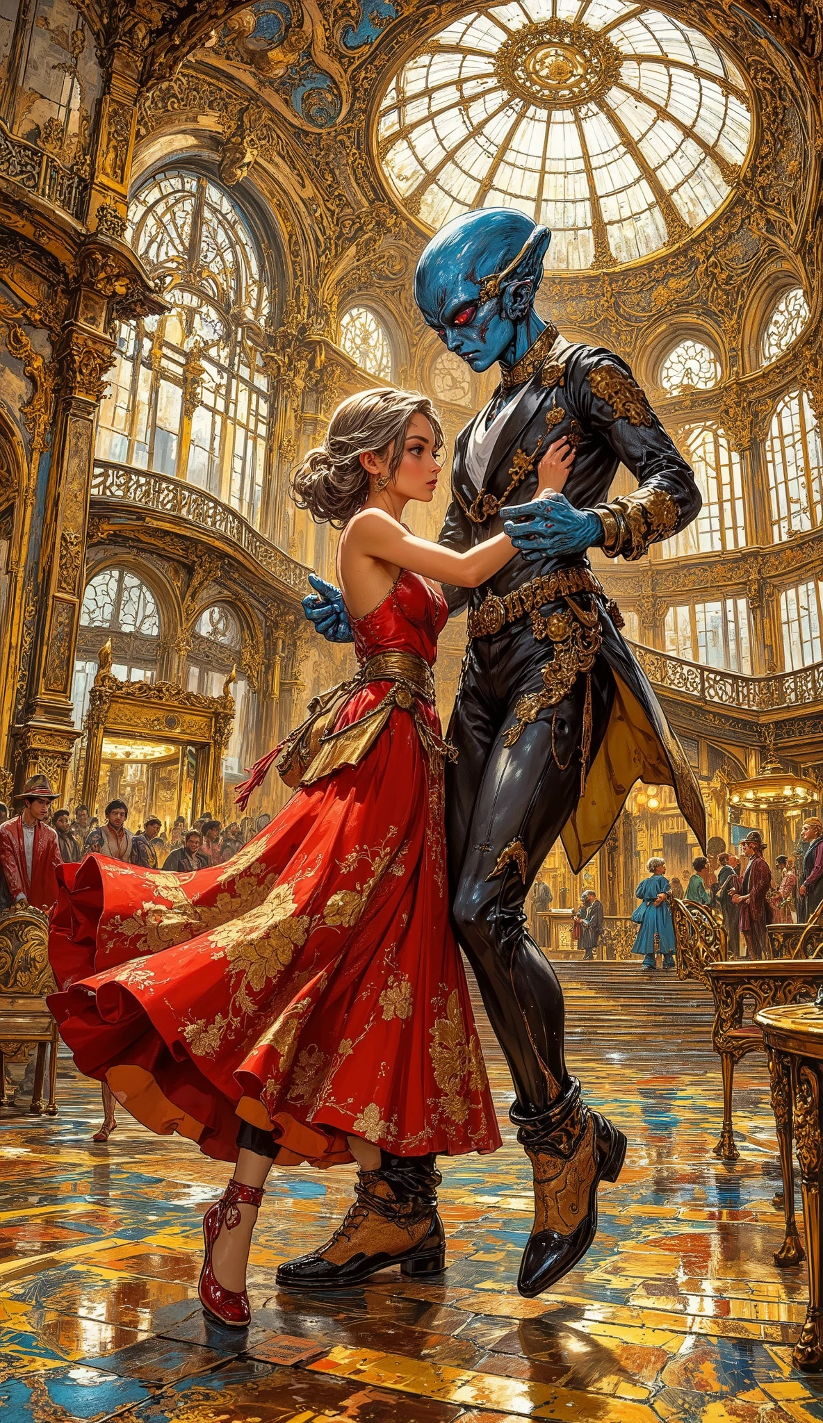 "(best quality, highres, ultra-detailed), 2 women, Desi, 40, average build, in colorful body paint,(playful, vibrant) jesters (costume is entirely body paint), wrestling for a crowd of rowdy aliens, in an(otherworldly) atmosphere,(fantastical, whimsical) outfits, (elaborate face makeup), (bright, vivid) colors, lively expressions, (dynamic poses), (mysterious, ethereal) lighting"