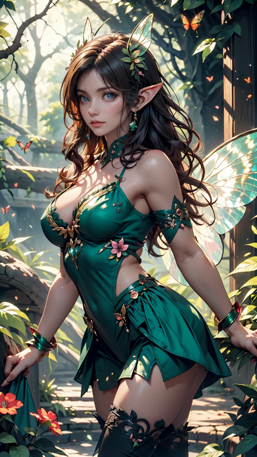 In a magic forrest, a beautiful voluptuous magical woman, curvy body shape, wearing a transparent olive green fantasy outfit, wings, flower in her long straight hair, flying through a magical fantasy forrest, depth of field, bokeh, Volumetric lighting, fantasy,