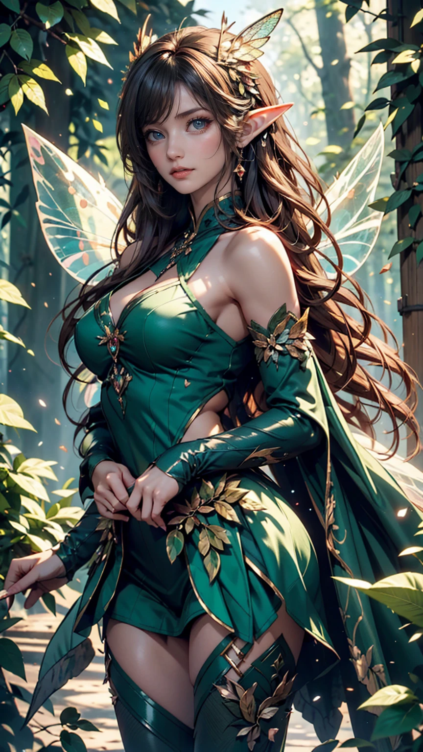 un primer plano de una mujer con un vestido verde y alas de mariposa, artgerm julie campana escarabajo, extremely detailed artistic germ, personaje duendecillo, sonriendo como una reina de hadas, forest fae, Retrato de un hada, fantasy card game art, hada del bosque, arte de tarjetas coleccionables, Retrato de hada, reina hada del bosque de verano