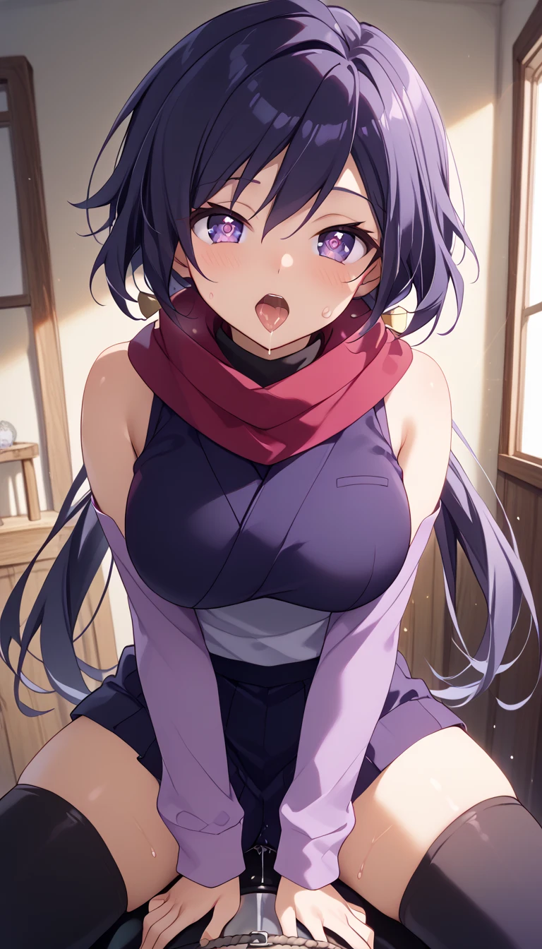 ayame \(gundam build divers\),(dark blue hair),very long hair, split ponytail, ninja, detached sleeves, red scarf, black thighhighs,(ninja mask), kimono, purple sleeves,bare breasts,nipples,(dark blue panty:1.3), (upper body:1.3),embarrassed ,blush,spread armpit, arms behind head,(spread legs:1.3),(legs up),(cameltoe:1.3), masterpiece,Noise Reduction,perfect anatomy,high resolution, ultra-detailed,game cg,dutch angle ,beautiful detailed eyes,visualart,five fingers, perfect hands, perfect lighting,