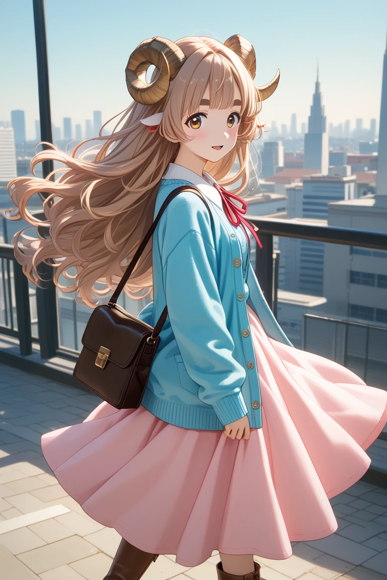 masterpiece, best quality, amazing quality, very aesthetic, high resolution, ultra-detailed, absurdres, newest, Anime screencap, highly detailed, high quality, Intricate:1.4, BREAK, (1girl, ひつじちゃん,  fluffy hair\long\pink, thick eyebrows:1.1, round sheep horns), BREAK, (pink long dress, sky blue cardigan, brown boots, brown shoulder bag), city